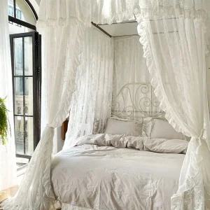 침대 레일 침실 공주 커튼 화이트 궁전 캐노피 레이스