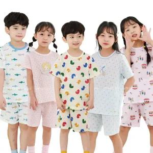남아 여아 초등학생 반팔 반바지 면소재 자카드 여름 내복 5부 실내복