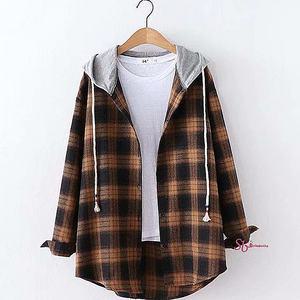 체크남방 후드 코디 여대생 빨간 난방 가을 여성 셔츠 간절기 데일리 캐주얼 여학생acm313