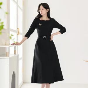 [시크라인] (~XXL까지) 비올렌트 트임 스퀘어넥 벨트 플레어 원피스 가을 하객룩 오피스룩 모임룩 격식룩 빅사이즈