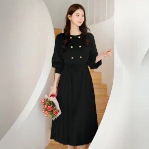 [시크라인] (~XXL까지) 다빈느 더블버튼 플리츠플레어 원피스 가을 하객룩 오피스룩 모임룩 격식룩 빅사이즈