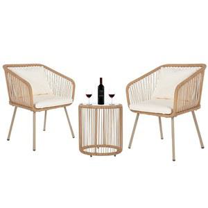 FDW 3피스 야외 가구 모던 파티오 비스트로 세트 라탄 대화 위커 커피 테이블 쿠션 요추 베개 뒷마당 현관, 흰색