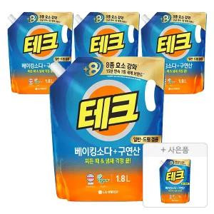 테크 베이킹+구연산 액체세제 일반 드럼 겸용 리필 1.8L, 4개 + 증정 ( 베이킹구연산 겸용 리필 1L,1개)