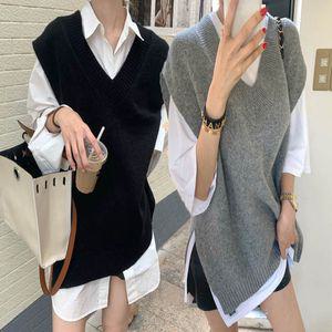 여자 레이어드 조끼 옆트임 롱 오버핏 브이넥 베스트 니트조끼 여자니트조끼 여성니트조끼 레이어드조끼 레