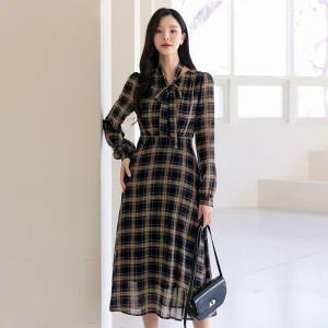 [시크라인] (~XXL까지) 스켄드 체크패턴 쉬폰 리본끈 원피스 봄 가을 나들이룩 오피스룩 데이트 모임 미시 빅사이즈