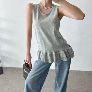 [옷자락]여자 민소매 레이어드티 프릴나시 라운드넥 면 티셔츠_P391456570