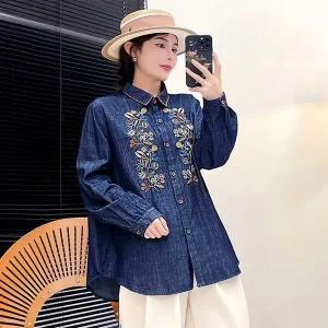 [하프클럽/](55~88)프리미엄 여름 데님셔츠 자켓 청남방 롱셔츠 플라워자수데