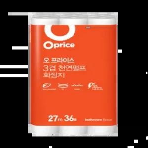 [오프라이스] 3겹 천연펄프 27M 36롤 6롤 늘어난 화장지 대용량 사무실