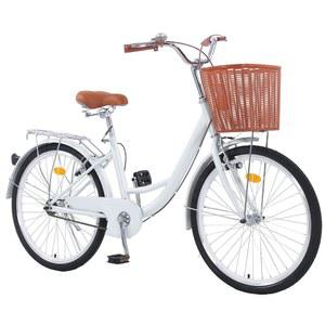 여성용 하이브리드 자전거, 24/26인치 자전거 경량 하이텐 스틸 프레임 로드 바이크 싱글 스피드, 리어 랙 및 바스켓, 통근형 시티 바이크, 컴포트 레이디 빈티지