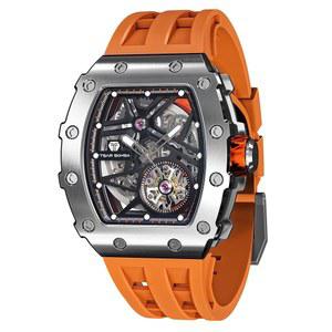 차르 봄바 남성용 자동 시계 기계식 토나우 럭셔리 스켈레톤 시계 남성용 5천만 방수 아날로그 워크 남성용 손목시계 멋진 디자인 스퀘어 실버 빅 페이스 손목시계 실리콘 스트랩