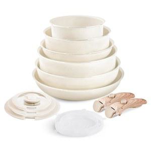 논스틱 조리기구 세트 - YIIFEEO 스택형 냄비 및 프라이팬 분리형 손잡이 캠핑 화강암 주방 손잡이, 무독성 요리 선물 베이지색