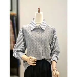 [갤러리아] ab.f.z 스트라이프 셔츠 꽈배기니트 레이어드 블라우스 ACZ4HB37J