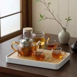 주황 손잡이 유리 차 다기 주전자 세트 찻상 포함 선물용 다기 주기