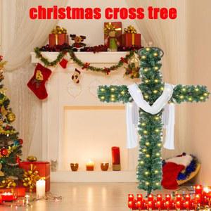 크리스마스 조명이 내장된 십자가 모양 연필 트리 스카프와 크라운이 있는 길쭉한 인조 교회 가정 영적 장식용