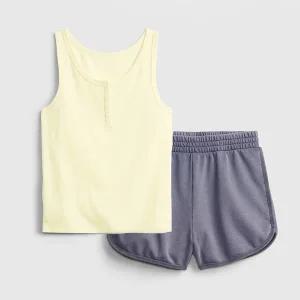 [갭키즈]조카선물 TEEN 여아8-18세] 립 조직 하프 버튼업 탱크탑&쇼츠 세트 5211234601051