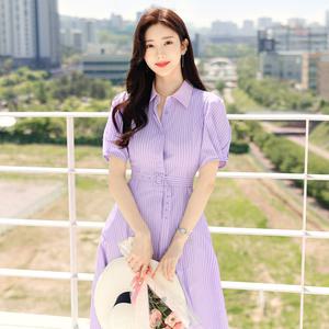 [시크라인] 라일락 벌룬소매 스트라이프 셔츠 원피스