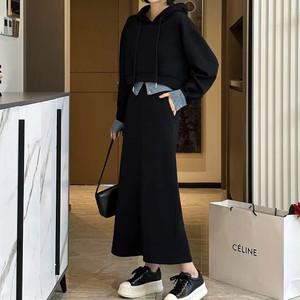 가을 신상 데님 레이어드 후드 치마 투피스 세트 롱치마 티셔츠 후드티셔츠 티셔츠