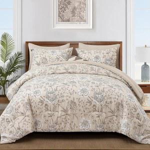 이란 7피스 침대 인 백 퀸 사이즈 이불 세트 베이지 화이트 플로럴 침구 세트, 잎 식물성 소프트 마이크로파이버 이불, 베개 커버 2개 포함 2개, 평평한 시트 1개 장착 90인치 90인치