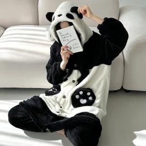 팬더 로브 극세사 코스튬 수면잠옷 긴팔 바지 세트 원피스 가운 여성 기모 파자마 겨울 파티