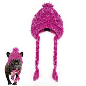 프렌치 불독 겨울 모자, 뜨개질 울 캡, 긴 땋은 태슬과 귀 구멍이 있는 따뜻한 반려동물 머리 착용, 소형견을 위한 강아지 액세서리(퍼플 S 13-16인치)