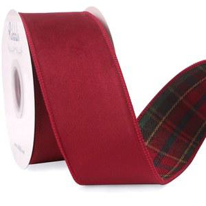 선물 포장 크리스마스 트리 장식 공예 화환을 위한 리블리 다크 레드 벨벳 와이어 리본 타탄 격자무늬 2.5인치 리버서블 - 연속 10야드