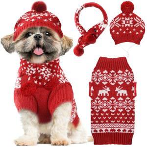 ABRRLO 강아지 크리스마스 의상 3PCS 세트 반려동물 스웨터 모자 스카프 눈송이 고양이 겨울 따뜻한 작은 옷 새해 휴일 (스카프 + 스웨터, S)