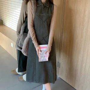 여자 워싱 데님 민소매 카라 롱 원피스 레이어드 (WFG1RPC)