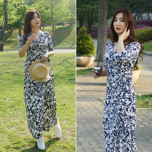 44~77 레이온 저지 플라워패턴 랩스타일 롱맥시 랩원피스-여름휴가 여행룩 원피스,비치원피스