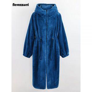 모피 자켓 캐시미어 밍크 트렌치 코트 Nerazzurri 겨울 긴 오버사이즈 두꺼운 따뜻한 블루 화이트 블랙 인