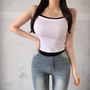 여성 레이어드 컬러 슬림핏 크롭 스판 끈 나시