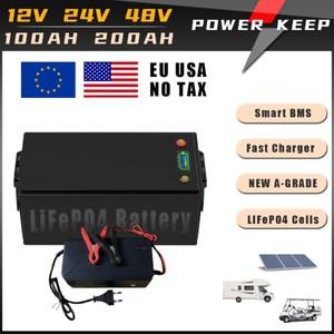 LiFePO4 12V 24V 48V 100AH 200AH 리튬인산철 배터리 내장 BMS + 인버터 태양광 RV 골프 카트용 충전기 (무