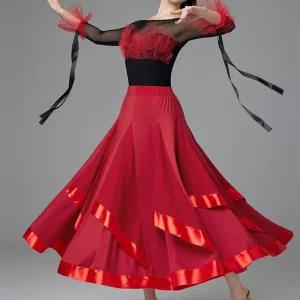 여자 왈츠복 탱고 긴팔 여성 의상 공연복 레드 무대 드레스