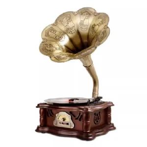 축음기 나팔 앤틱 옛날 레트로 전축기 LP플레이어 브라운+16G USB 디스크