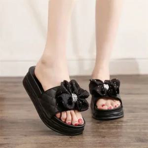 큐빅쉬폰 리본 통굽 슬리퍼 여름슬리퍼 여자슬리퍼 통굽슬리퍼 굽높은슬리퍼 쪼리