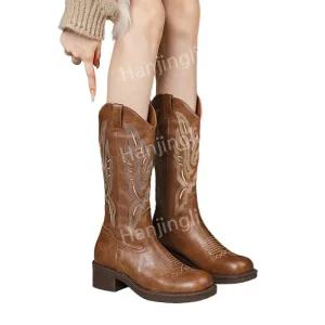 카우보이 웨스턴 워커 레더 발목 부츠 가죽 자수 빈티지 탑 나이트 쁘띠 여성용 내부 롱