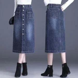 EAMT 여자 청치마 버튼 힙 데님 일자 미디 앞트임 추동 스커트 힛템