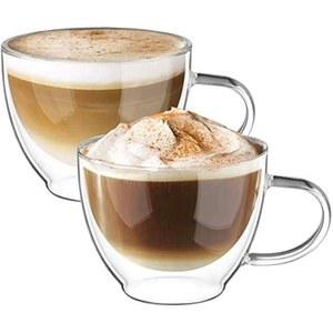 에코 이중벽 유리 커피 머그 12온스 라떼 카푸치노 컵 세트 2개, 손잡이가 달린 투명 컵, 350ml 단열 보로실리케이트 내열 티컵