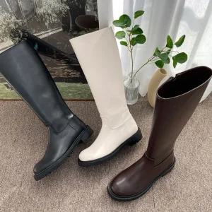 둥근코 로우힐 여성 부츠 심플 캐주얼 롱 싸이하이 니