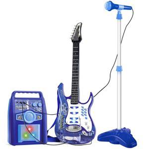 deAO 뮤지컬 기타 플레이 세트, 높이 조절 가능한 마이크, 스탠드 포함 앰프 음악 조명 노래방 장난감 생일 어린이 남아 여아용