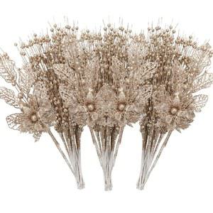 로즈리프 28팩 크리스마스 트리 장식 세트, 샴페인 인공 글리터 베리 꽃 줄기 가지 선물 작은 꽃병 홈 홀리데이 웨딩 파티