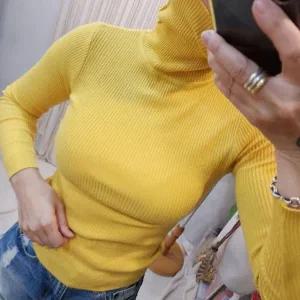 여성니트티 여성 옐로우 골지 목폴라