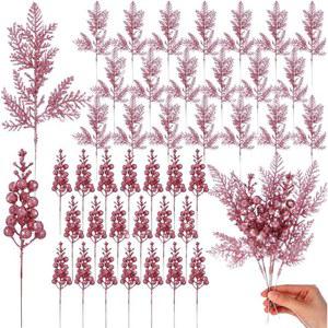 크리스마스 10개 핑크 글리터 인조 베리 스템 부케 소나무 장식품 트리 장식 DIY 화환 가랜드