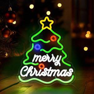 AELS 15.3인치 x 13인치 크리스마스 트리 네온사인, 메리 크리스마스 LED 네온사인, 창문용 디밍 가능한 USB 전원 홀리데이 장식, 월 트리 바 및 파티 홈 데코