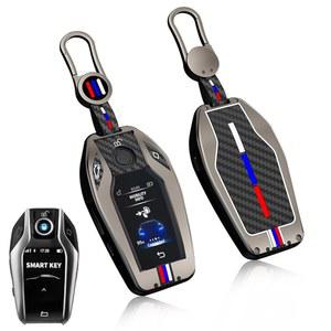 [미국배송] JARONX는 BMW 키 포브 커버 5' G30 G31/6' G32/7' G11 G12/X3 G01/X4 G02/X5 G05/X7 G07/I8 LCD 디지털 터치스크린 스마트 메탈 홀더 탄소 섬유 패턴 고무(1세트)와 호환됩니다