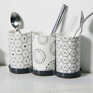 플레인패턴 도자기 3구 수저통 물빠짐 3단 수저꽂이