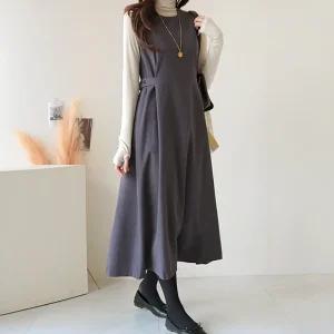 [데일리앤] 마틸드 기모안감 뷔스티에원피스 롱 레이어드 골덴 코듀로이 민소매 허리단추 겨울 원피스 하객룩