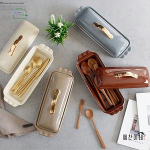 고급 수저통 골드라인 도자기 수저함 사각 뚜껑 수저보관함