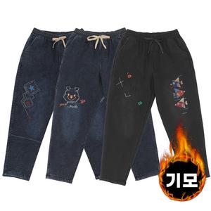 도톰한 겨울 융기모 배기 50대 여자 자수 스판 청바지 중년여성 밴딩 데님팬츠 빅사이즈