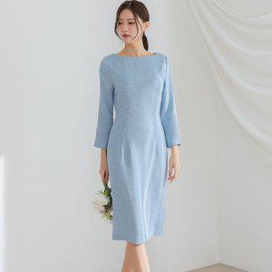 [기타]보트넥 프린세스라인 하늘색 스판 미디 하객원피스