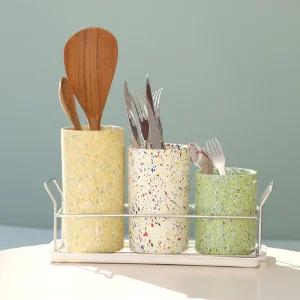 도자기 3구 수저통 물빠짐기능 물받이 수저꽂이 조리도구통
